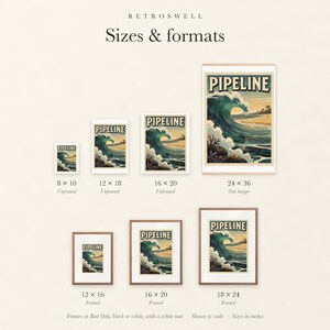 Sizes and formats for Pipeline Hawaii Surf, shown to scale: unframed prints, oak hanger and framed prints.