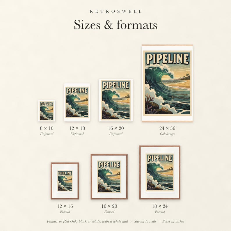 Sizes and formats for Pipeline Hawaii Surf, shown to scale: unframed prints, oak hanger and framed prints.