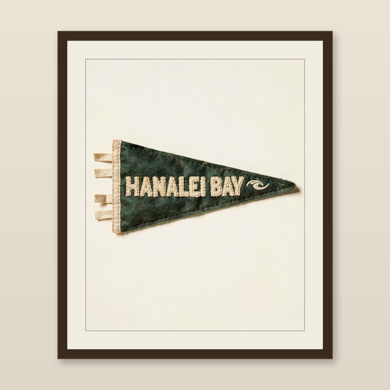 Hanalei Bay, Kauai, Hawaii Surf Pennant Print | Vintage Felt Pennant Art | Beach House Decor | Retro Surf Wall Art | Printable Digital Downl image 1