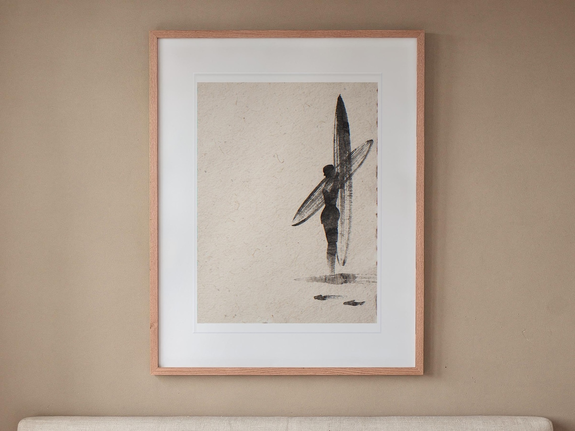 Japandi Wall Art printable art, shown printed in a Red Oak frame with a white mat, hanging above the headboard in a calm bedroom.