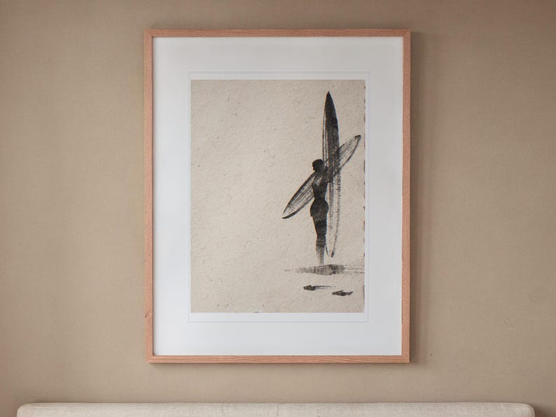 Japandi Wall Art printable art, shown printed in a Red Oak frame with a white mat, hanging above the headboard in a calm bedroom.