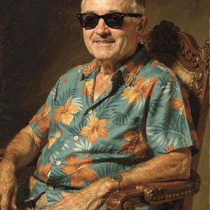 Harry S. Truman surfer portrait, full artwork: classical oil-painting style, sunglasses and a Hawaiian shirt.