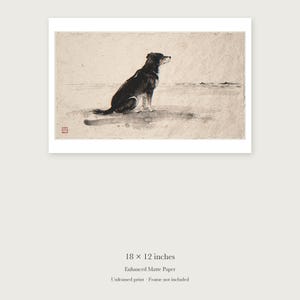 Dog Gazing at the Sea Xieyi Ink unframed 18 by 12 inch print on enhanced matte paper, shown with its white paper border.