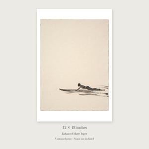 Paddling Surfer Ink Style unframed 12 by 18 inch print on enhanced matte paper, shown with its white paper border.