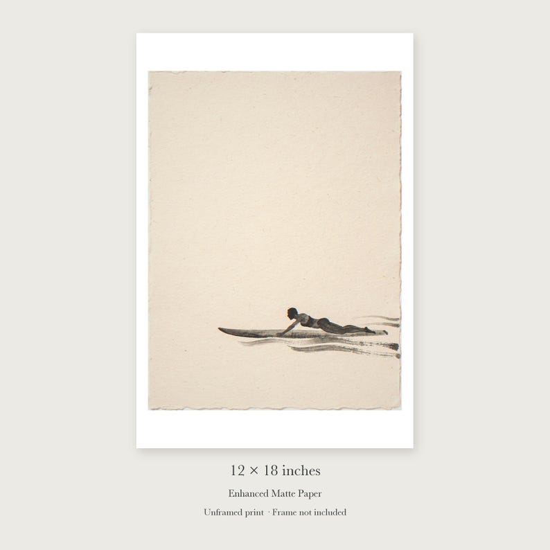 Paddling Surfer Ink Style unframed 12 by 18 inch print on enhanced matte paper, shown with its white paper border.