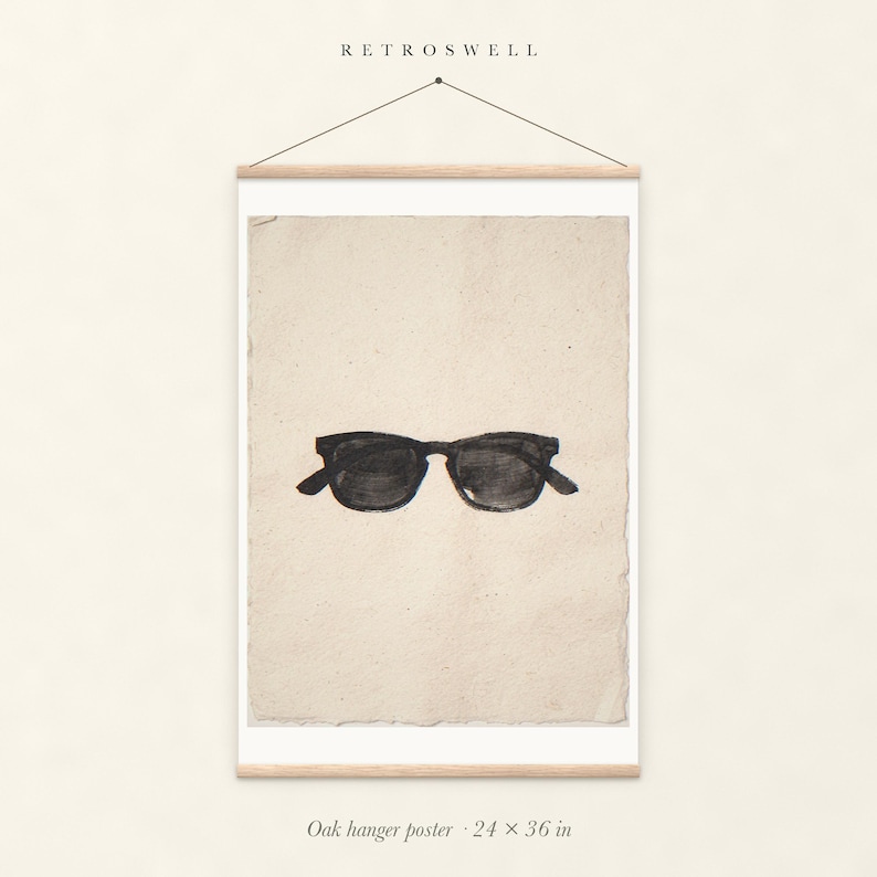 Wayfarer Sunglasses Sumi-e Ink oak hanger poster, 24 by 36 inches, with natural wood rails and a hanging cord.
