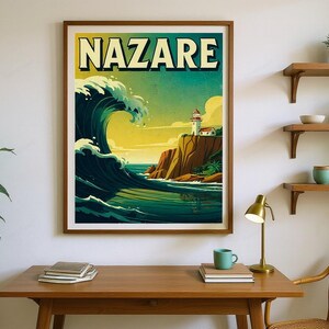 Nazare Portugal Surf Poster framed in a home office setting