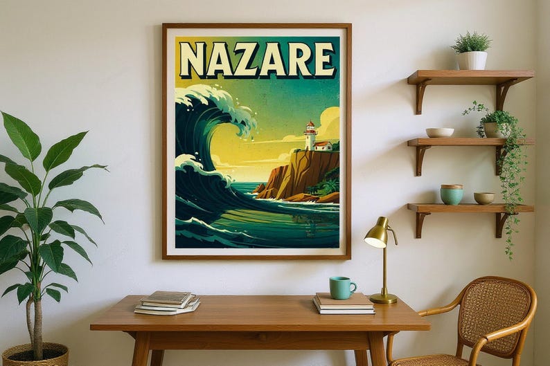 Nazare Portugal Surf Poster framed in a home office setting