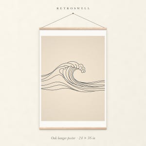 Breaking Wave Line oak hanger poster, 24 by 36 inches, with natural wood rails and a hanging cord.