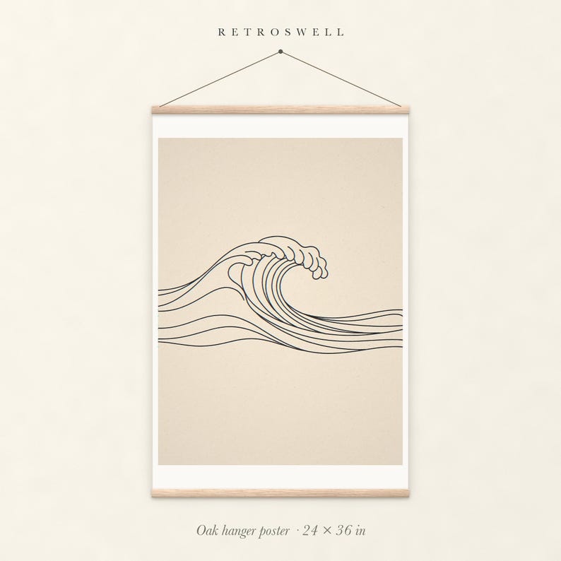 Breaking Wave Line oak hanger poster, 24 by 36 inches, with natural wood rails and a hanging cord.