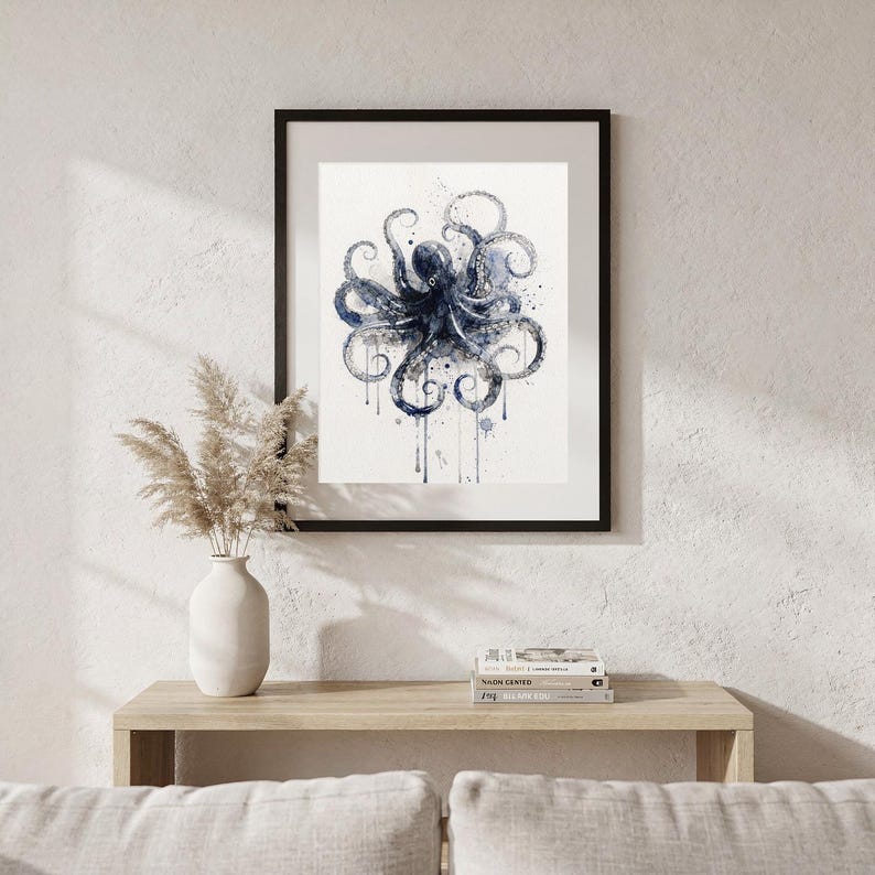 Octopus Watercolor Print, Indigo Sea Life Painting, Coastal Wall Art, Nautical Bathroom Decor, Printable Wall Art Digital Download image 6