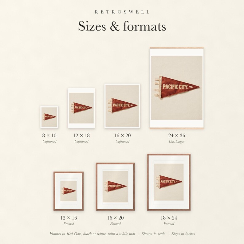 Sizes and formats for Pacific City Surf Pennant, shown to scale: unframed prints, oak hanger and framed prints.
