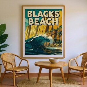 Blacks Beach Surf Poster framed in a coastal dining room setting