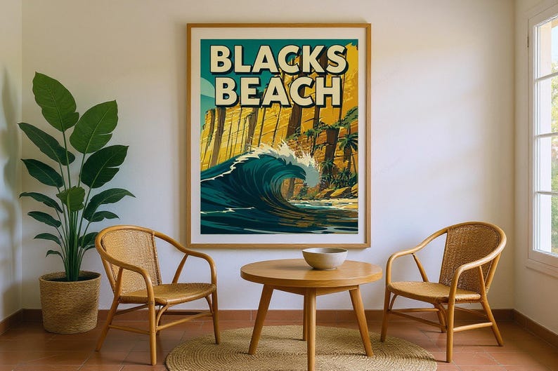 Blacks Beach Surf Poster framed in a coastal dining room setting