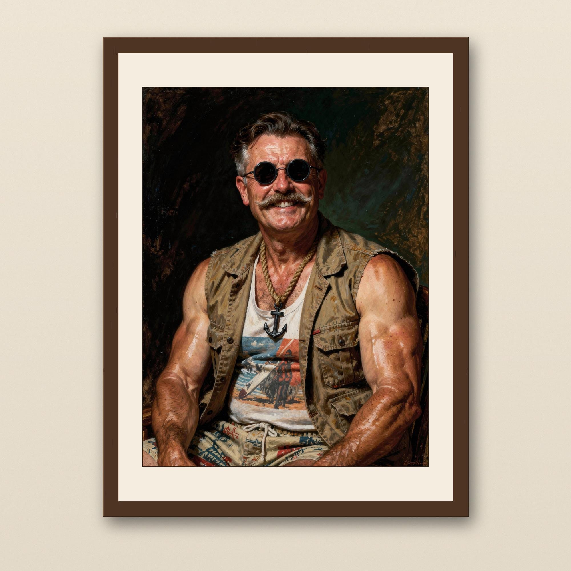 Teddy Roosevelt Surfer Oil Painting Print - walnut framed art print with cream mat on plaster wall
