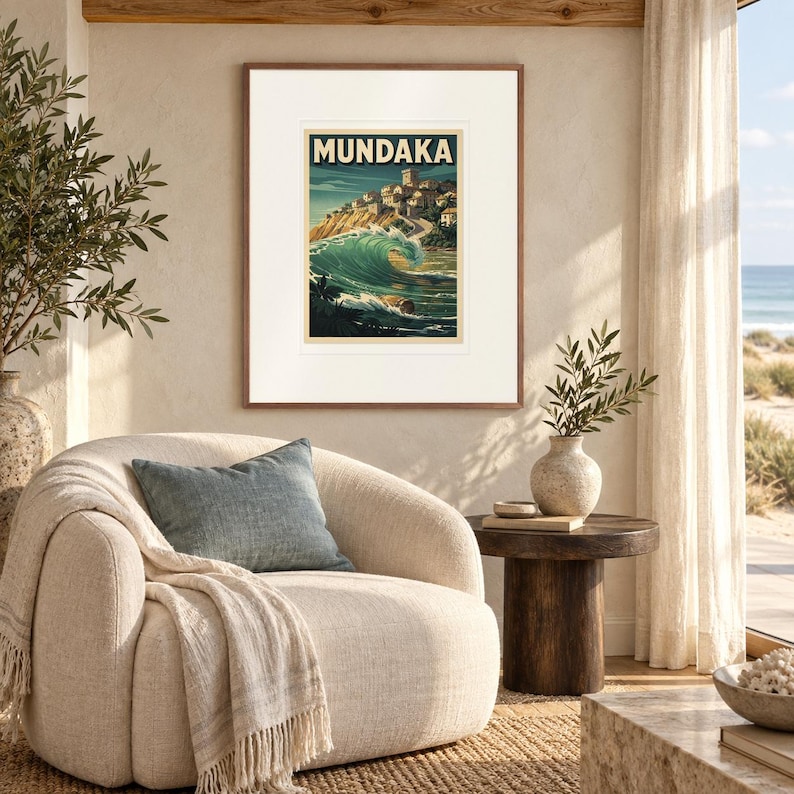 Mundaka Spain Surf print in a Red Oak frame with a white mat in a light-filled coastal sitting room.