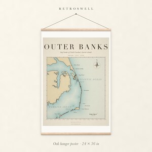 Outer Banks Surf Map oak hanger poster, 24 by 36 inches, with natural wood rails and a hanging cord.