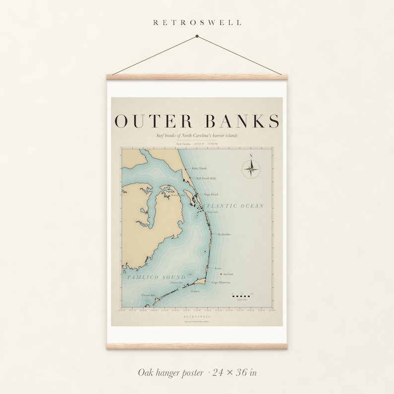 Outer Banks Surf Map oak hanger poster, 24 by 36 inches, with natural wood rails and a hanging cord.
