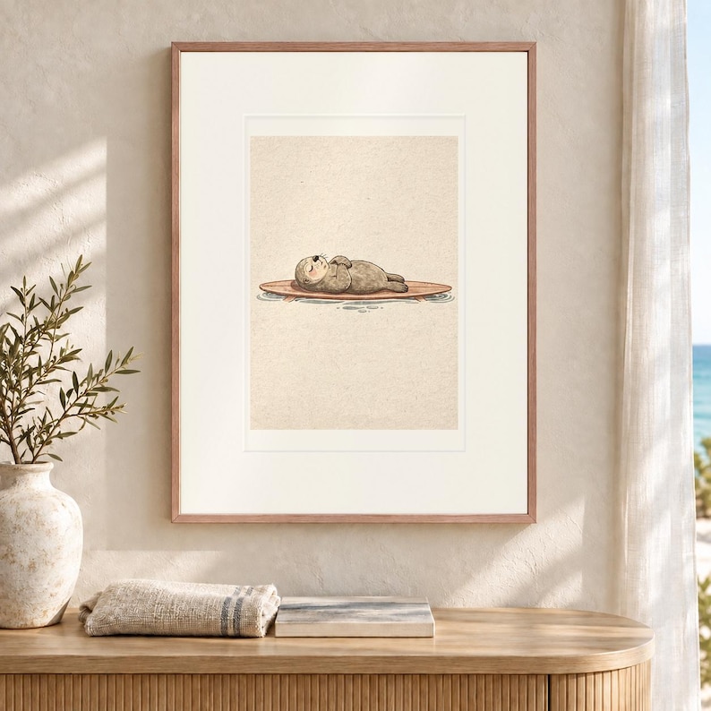Sea Otter on Surfboard Art Print, Framed or Unframed Coastal Nursery Poster image 12