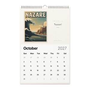 October page of the 2027 Surf Spots calendar: Nazaré, Portugal.