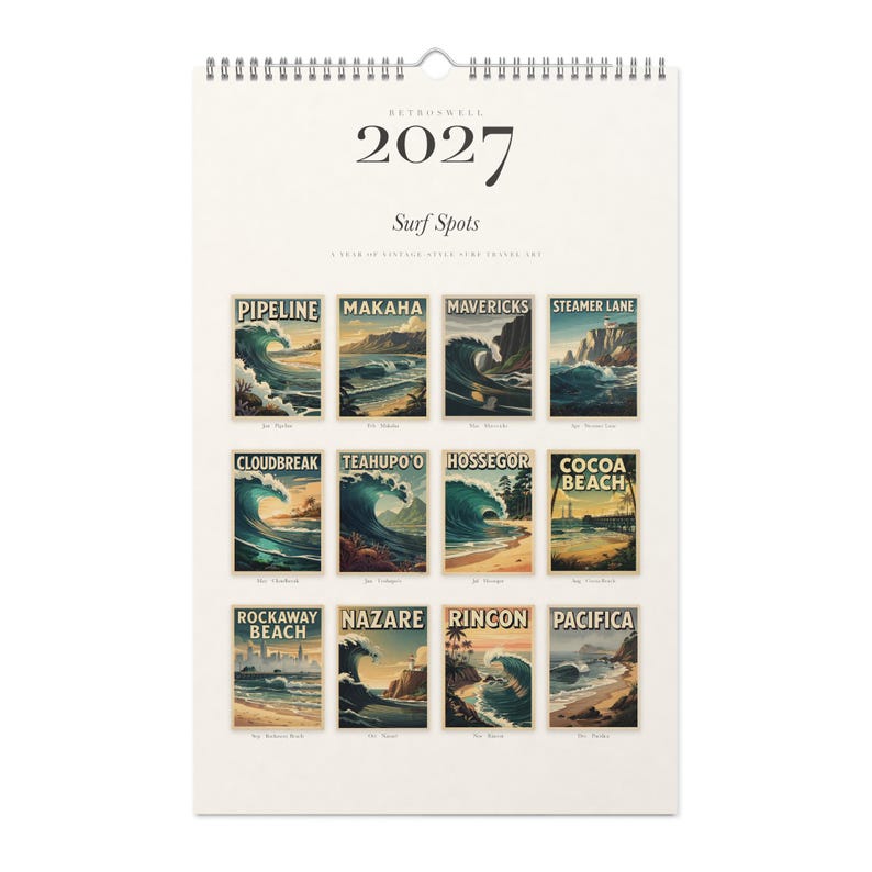 Front view of the 2027 Surf Spots calendar cover.