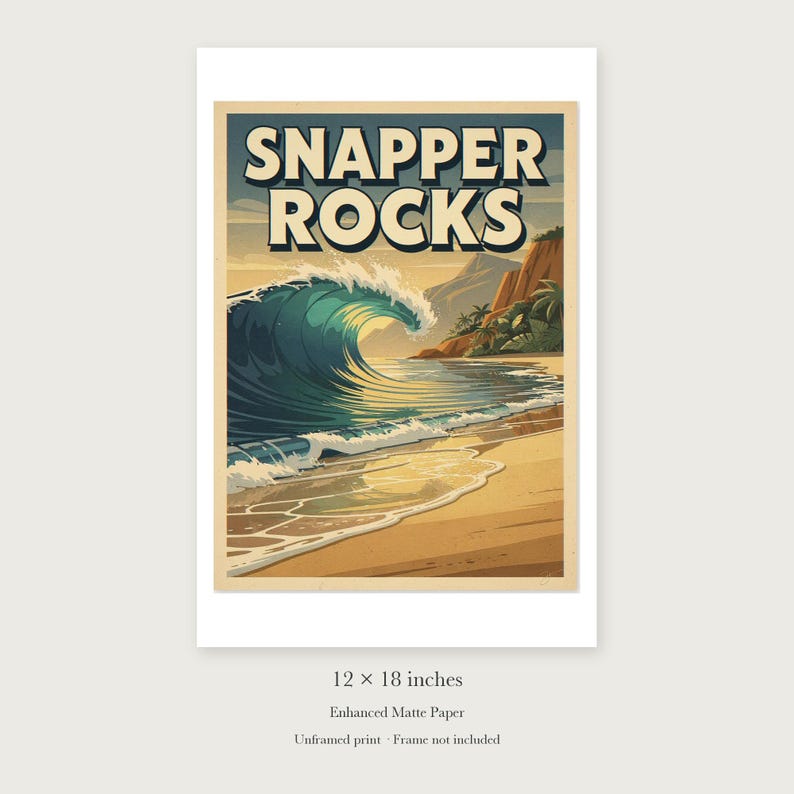 Snapper Rocks Surf unframed 12 by 18 inch print on enhanced matte paper, shown with its white paper border.