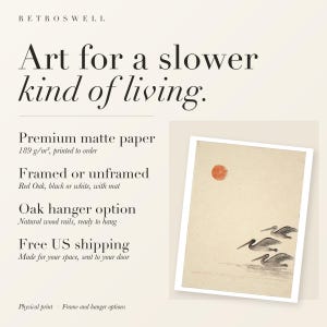 RetroSwell print details for Pelicans Ink Style: premium 189 g/m² matte paper, framed or unframed, oak hanger option, free US shipping.