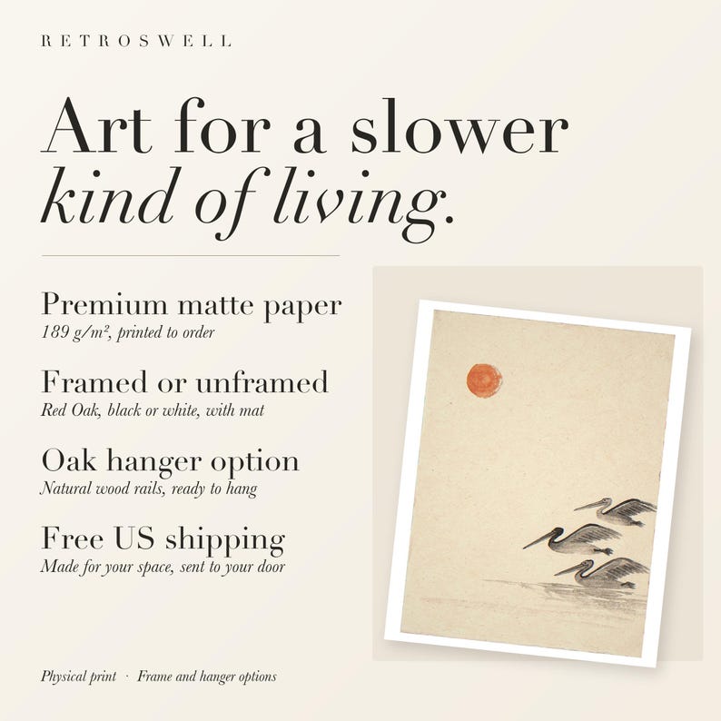 RetroSwell print details for Pelicans Ink Style: premium 189 g/m² matte paper, framed or unframed, oak hanger option, free US shipping.