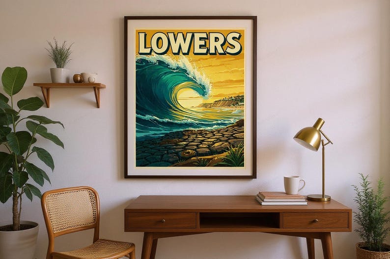 Lowers Surf Poster framed in a home office setting