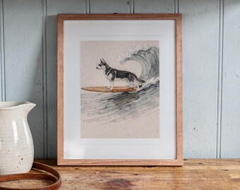 Lámina artística de un husky surfeando, póster de perro costero en papel mate, con o sin marco.