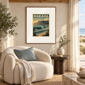 Makaha Surf print in a Red Oak frame with a white mat in a light-filled coastal sitting room.