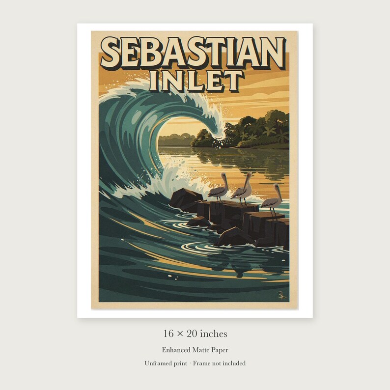 Sebastian Inlet Surf unframed 16 by 20 inch print on enhanced matte paper, shown with its white paper border.