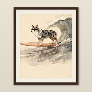 Australian Shepherd Surfing Print | Watercolor Dog Wall Art | Coastal Beach Decor | Printable Instant Download | Aussie Gift image 1