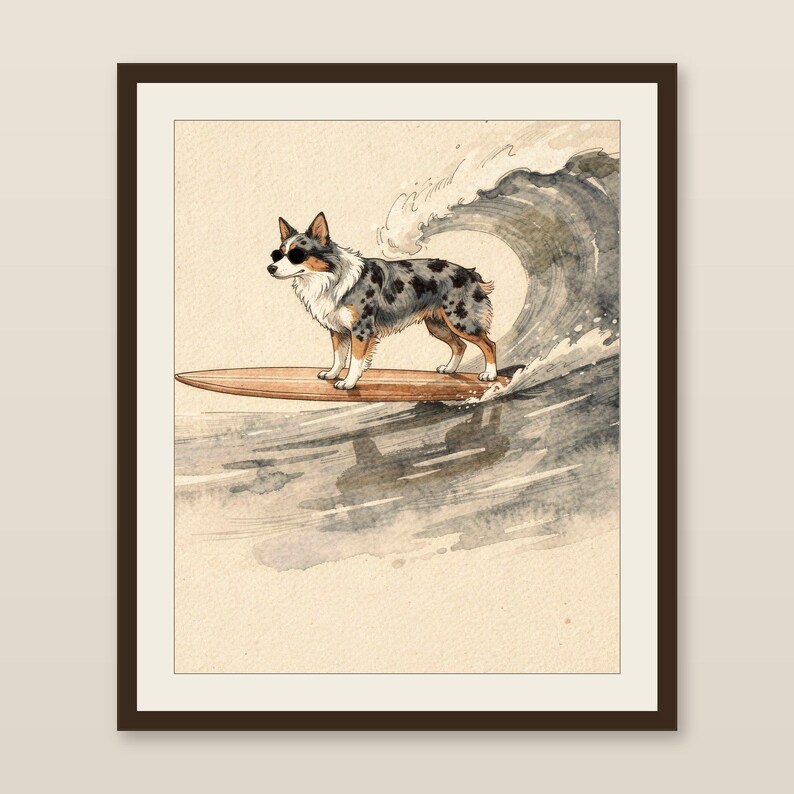 Australian Shepherd Surfing Print | Watercolor Dog Wall Art | Coastal Beach Decor | Printable Instant Download | Aussie Gift image 1