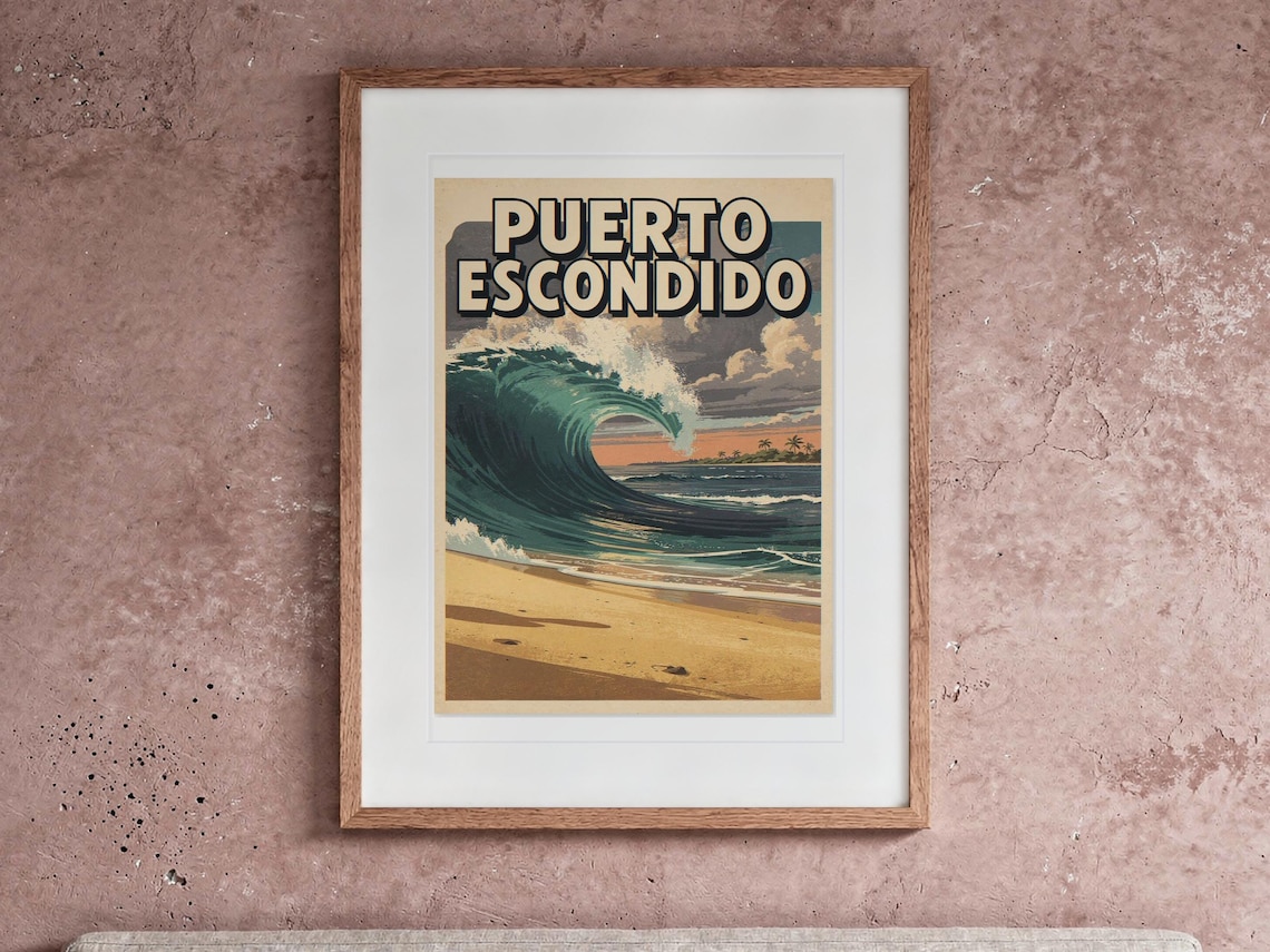 Puerto Escondido Surf Travel Poster print in a Red Oak frame with a white mat, hanging above the headboard in a calm bedroom.