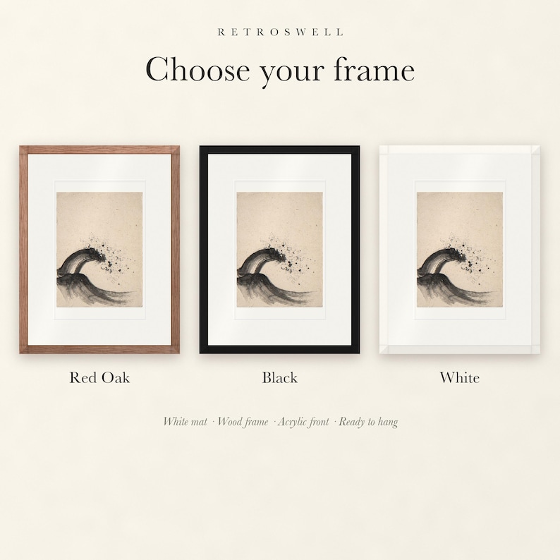 Frame options for Breaking Wave Ink Style: Red Oak, black and white wood frames, each with a white mat.