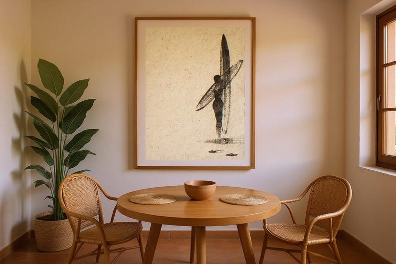Sumi-e Dawn Patrol Surfer Print framed in a coastal dining room setting