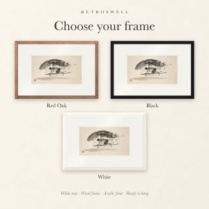 Frame options for Surfer Duck Dive Xieyi Ink: Red Oak, black and white wood frames, each with a white mat.
