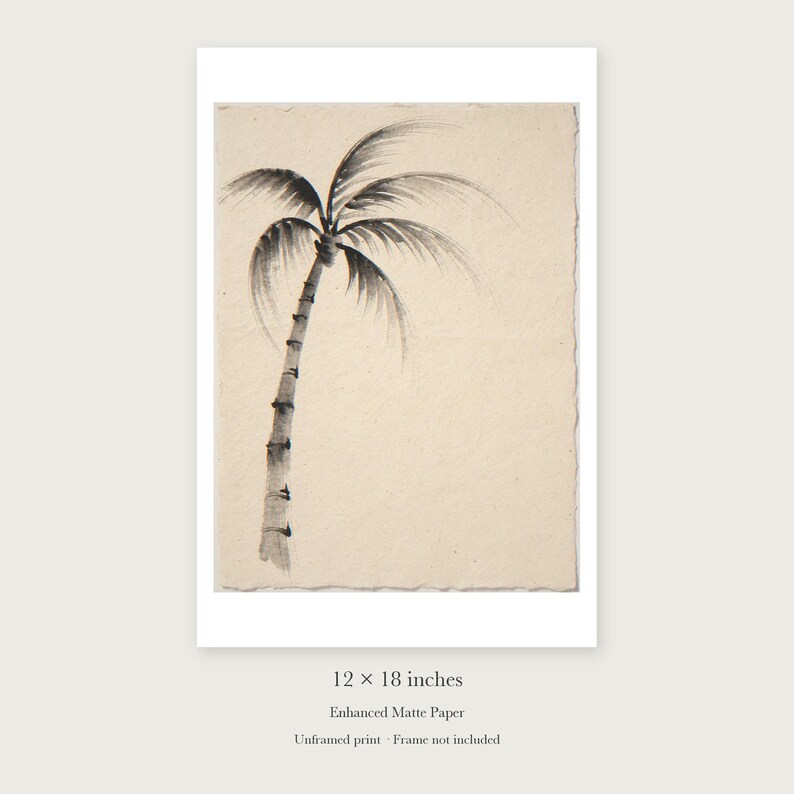 Lone Palm Tree Ink Style unframed 12 by 18 inch print on enhanced matte paper, shown with its white paper border.