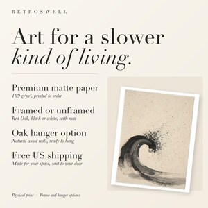 RetroSwell print details for Curling Wave Ink Style: premium 189 g/m² matte paper, framed or unframed, oak hanger option, free US shipping.