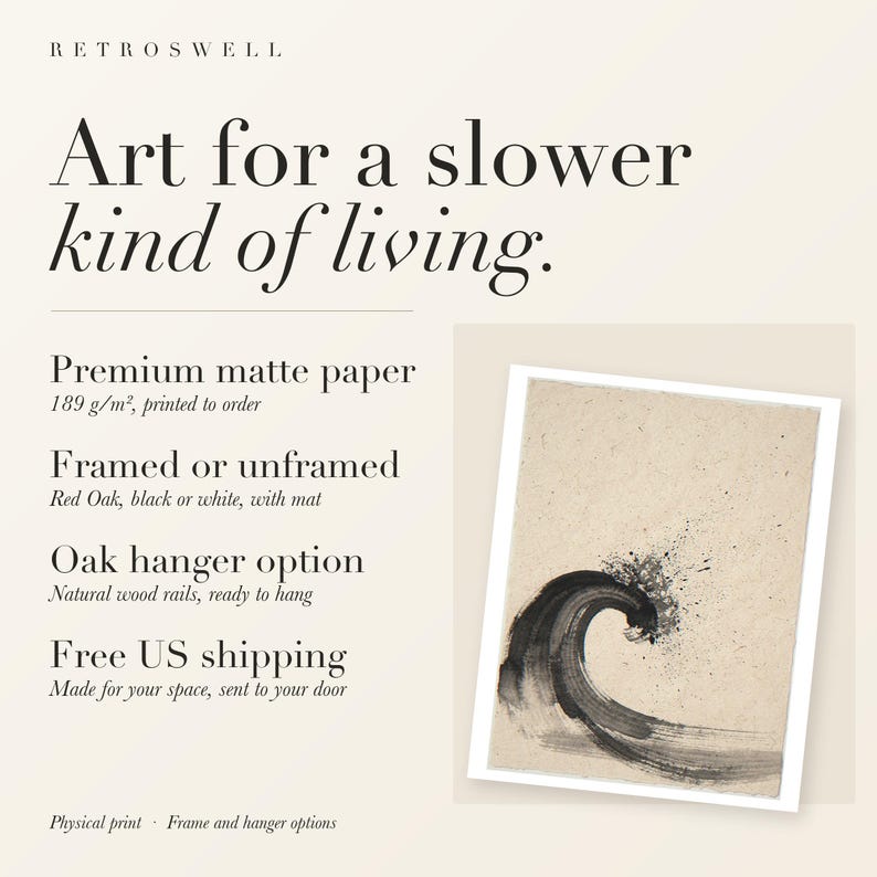 RetroSwell print details for Curling Wave Ink Style: premium 189 g/m² matte paper, framed or unframed, oak hanger option, free US shipping.