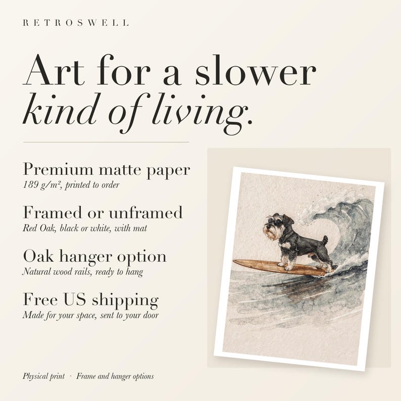 RetroSwell print details for Miniature Schnauzer Surfing: premium 189 g/m² matte paper, framed or unframed, oak hanger option, free US shipping.