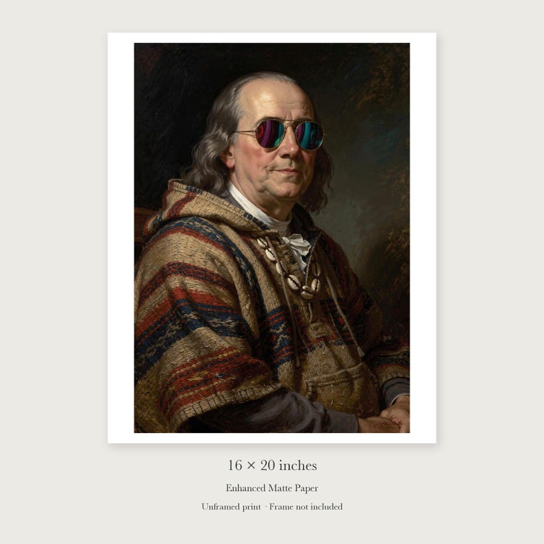 Benjamin Franklin unframed 16 by 20 inch print on enhanced matte paper, shown with its white paper border.