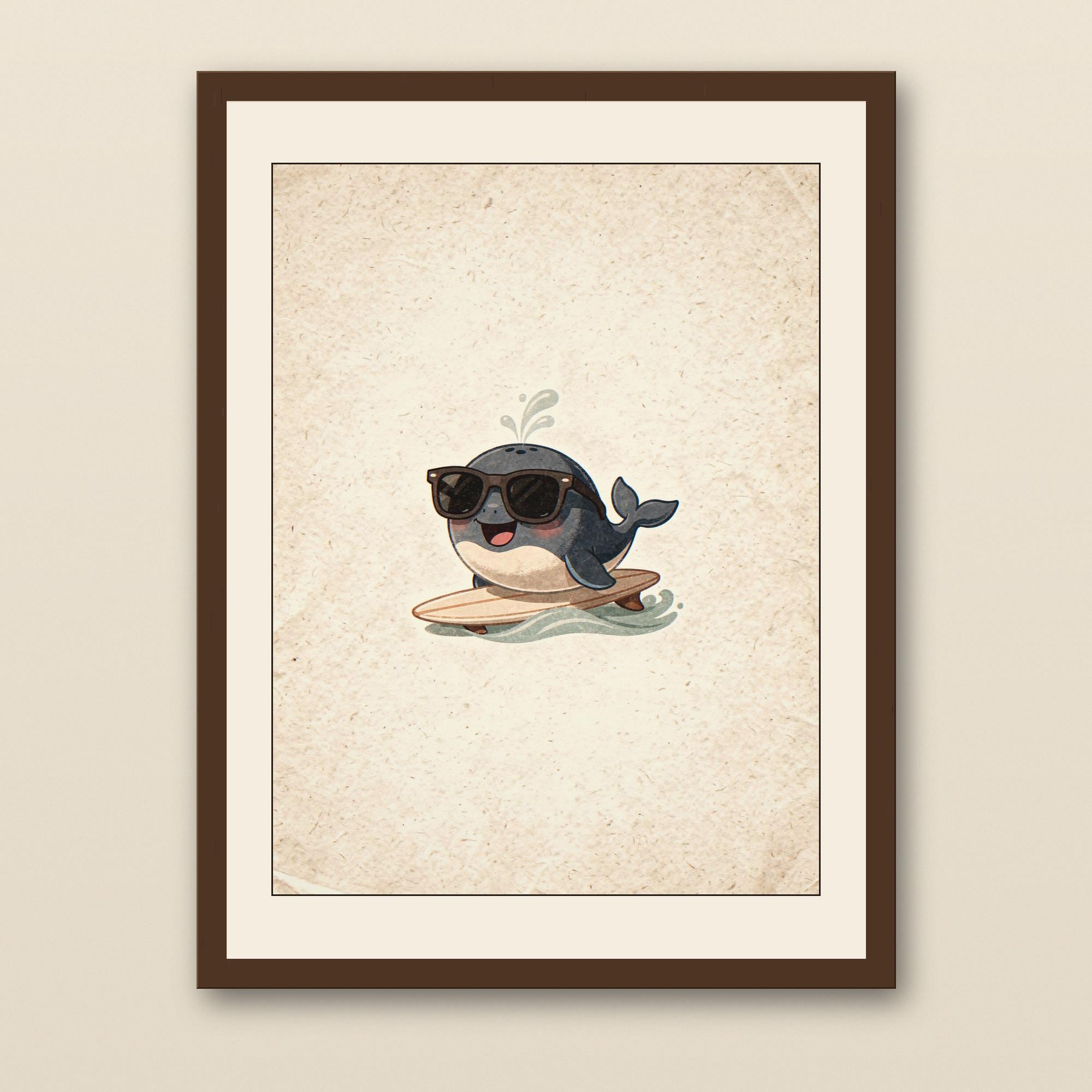 Whale Surfing Nursery Art Print - walnut framed art print with cream mat on plaster wall