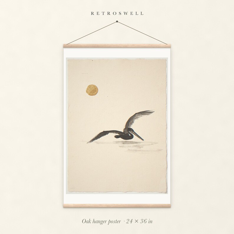 Flying Pelican Ink Style oak hanger poster, 24 by 36 inches, with natural wood rails and a hanging cord.