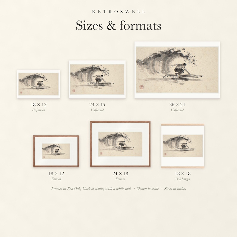 Sizes and formats for Surfer Cutback Xieyi Ink, shown to scale: unframed prints, framed prints and the oak hanger.