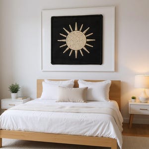 Sun Embroidered Patch Print framed in a modern bedroom setting