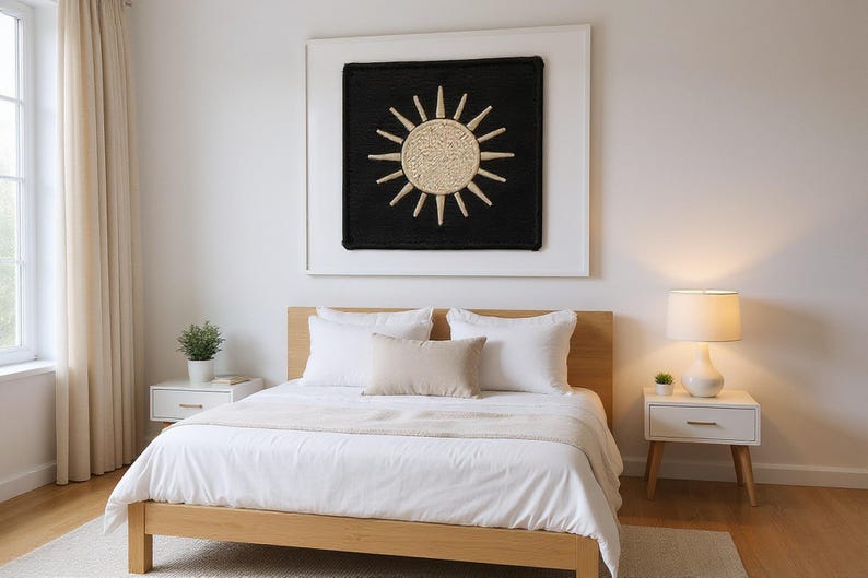 Sun Embroidered Patch Print framed in a modern bedroom setting