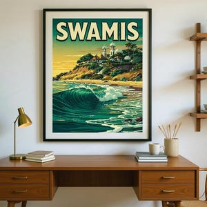 Swamis Surf Poster framed in a home office setting