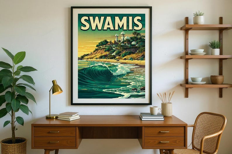 Swamis Surf Poster framed in a home office setting